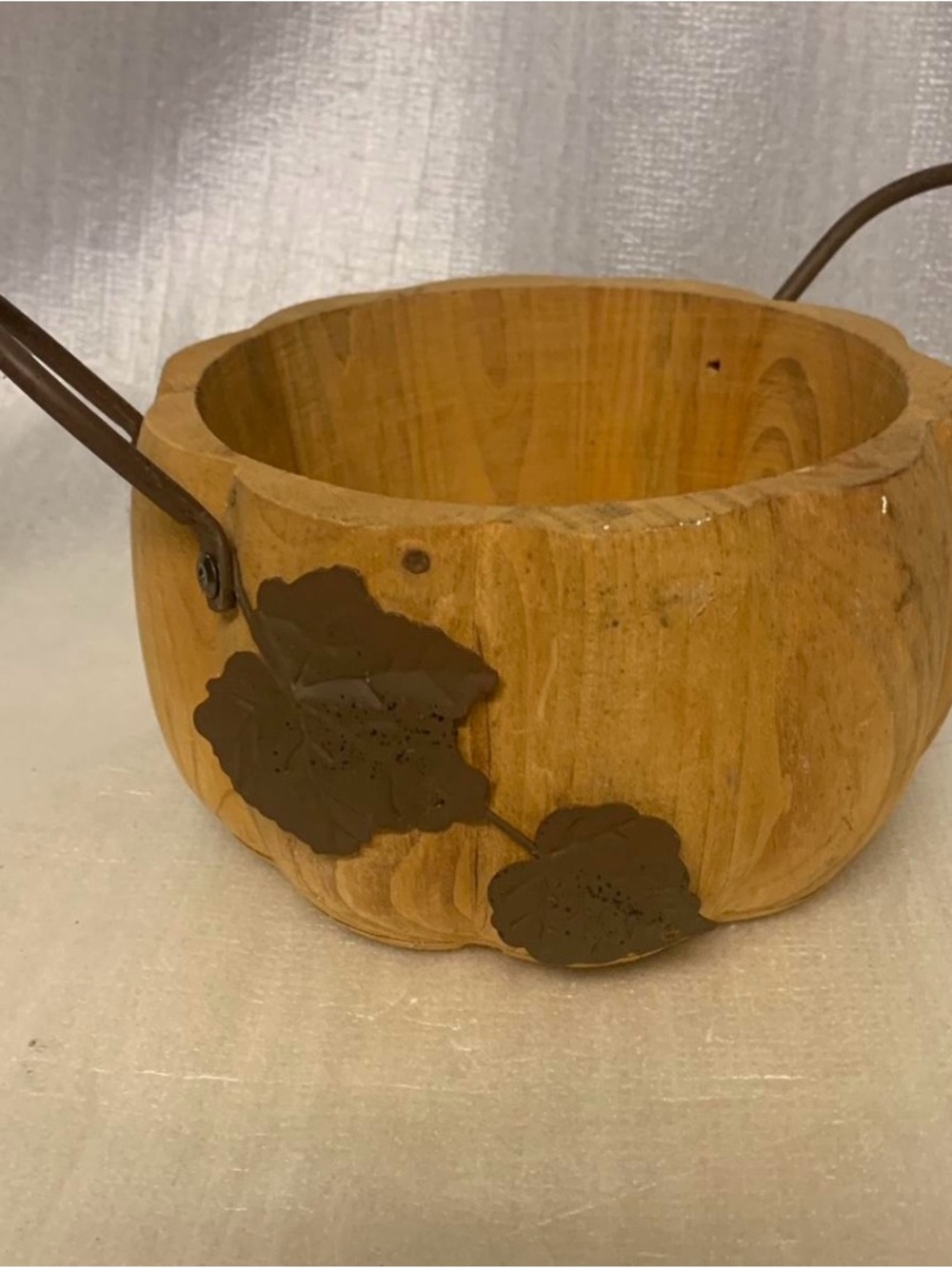 Pier 1 Imports Rustic Hand Carved Wood Pumpkin Bowl Metal Handles Fall Decor Vtg